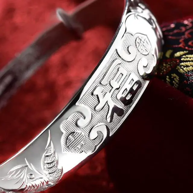 Alt view image 4 of 6 - 999 Sterling Sliver Bracelets Adjustable Chinese Style Lucky Bangle Bracelets Women's Chinese Dragon Phoenix Carved Bangle Bracelet 25g Weight for Women and Elder