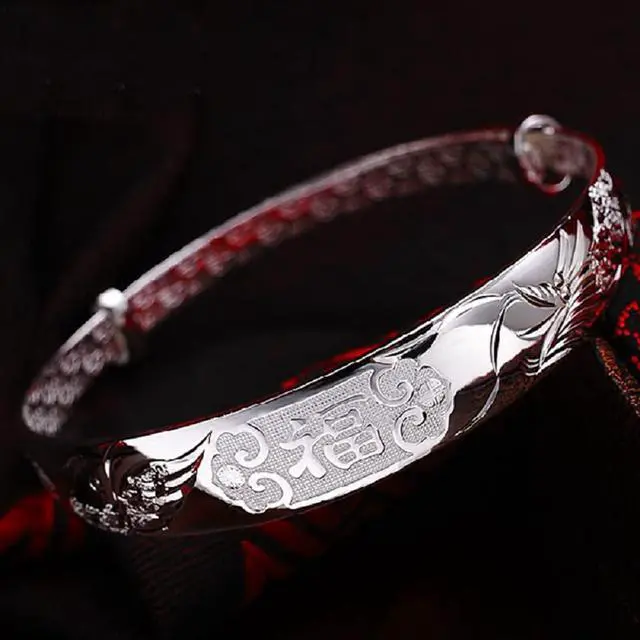 Alt view image 2 of 6 - 999 Sterling Sliver Bracelets Adjustable Chinese Style Lucky Bangle Bracelets Women's Chinese Dragon Phoenix Carved Bangle Bracelet 25g Weight for Women and Elder
