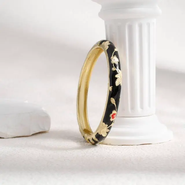 Alt view image 2 of 6 - Flower Bracelet Gold Plated Bangle Vintage Cloisonne Cuff Floral Chinoiserie Elegant Vibrant Ethnic Colorful Summer Charm For Women Best Friend Mom Sister Jewelry Gifts Black