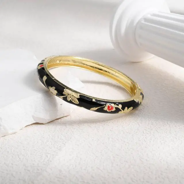 Alt view image 3 of 6 - Flower Bracelet Gold Plated Bangle Vintage Cloisonne Cuff Floral Chinoiserie Elegant Vibrant Ethnic Colorful Summer Charm For Women Best Friend Mom Sister Jewelry Gifts Black