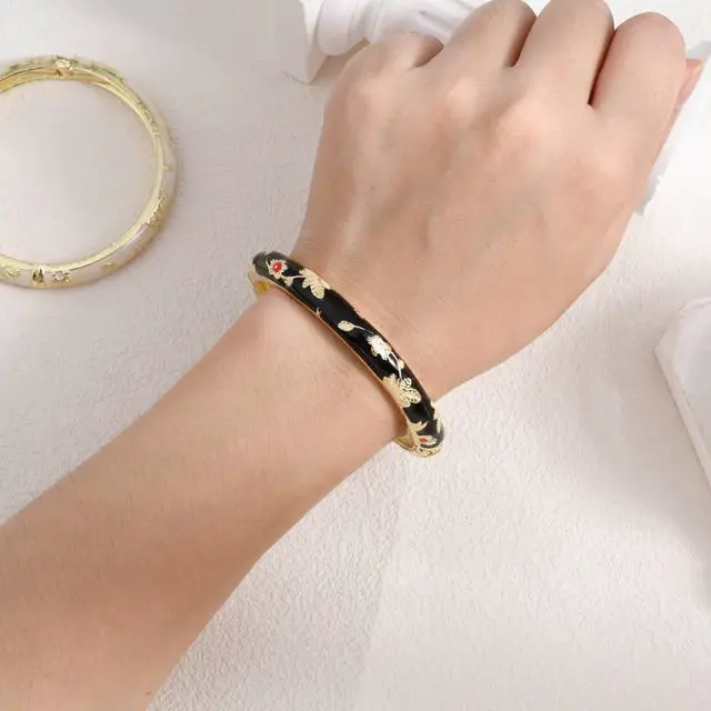 Alt view image 4 of 6 - Flower Bracelet Gold Plated Bangle Vintage Cloisonne Cuff Floral Chinoiserie Elegant Vibrant Ethnic Colorful Summer Charm For Women Best Friend Mom Sister Jewelry Gifts Black