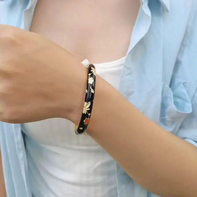 Alt view image 5 of 6 - Flower Bracelet Gold Plated Bangle Vintage Cloisonne Cuff Floral Chinoiserie Elegant Vibrant Ethnic Colorful Summer Charm For Women Best Friend Mom Sister Jewelry Gifts Black