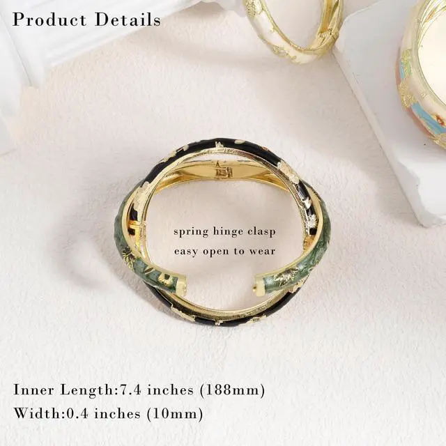 Alt view image 6 of 6 - Flower Bracelet Gold Plated Bangle Vintage Cloisonne Cuff Floral Chinoiserie Elegant Vibrant Ethnic Colorful Summer Charm For Women Best Friend Mom Sister Jewelry Gifts Black