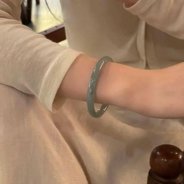 Alt view image 3 of 4 - 8mm Genuine Hetian Jade Bangle Bracelet, Natural Ice-Type Nephrite Jade in Blue or Yellow, Traditional Chinese Style Solid Stone Wrist Jewelry(1)
