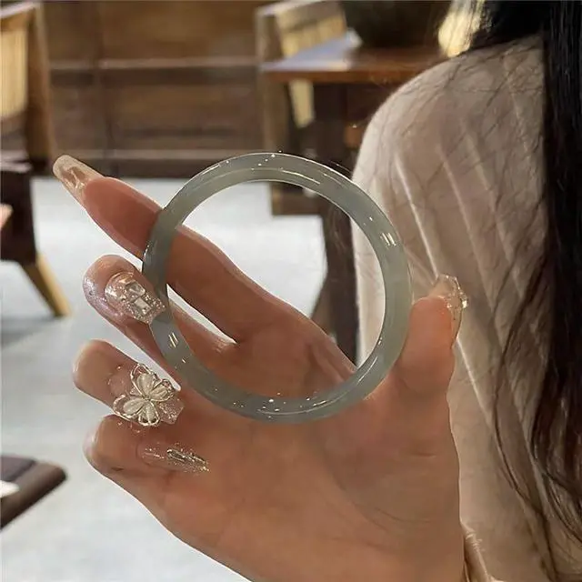 Alt view image 4 of 4 - 8mm Genuine Hetian Jade Bangle Bracelet, Natural Ice-Type Nephrite Jade in Blue or Yellow, Traditional Chinese Style Solid Stone Wrist Jewelry(1)