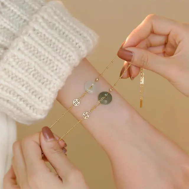 Alt view image 2 of 3 - 14k Gold Hetian Jade Peace Buckle Bracelet - Feng Shui Harmony Lucky Charm for Ladies, Chinese Handmade Jewelry for Mother (Light Green)