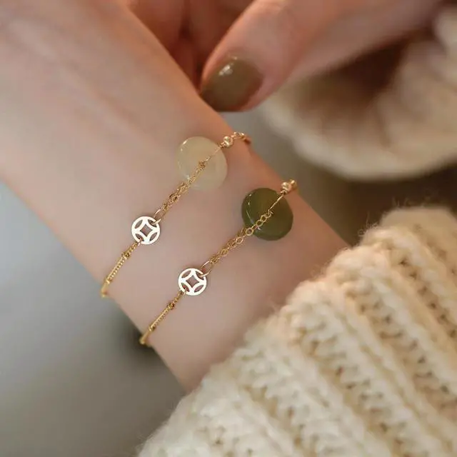 Alt view image 3 of 3 - 14k Gold Hetian Jade Peace Buckle Bracelet - Feng Shui Harmony Lucky Charm for Ladies, Chinese Handmade Jewelry for Mother (Light Green)