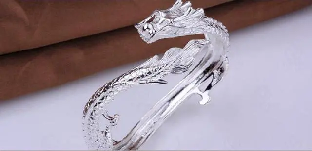 Alt view image 3 of 6 - Fashion Sterling Silver Dragon Phoenix Bracelet, Handmade Carved Dainty Chinese Style Lucky Bangle Bracelets, Vintage Punk Bracelet for Couple, Cocktail Statement Promise Open Bracelet