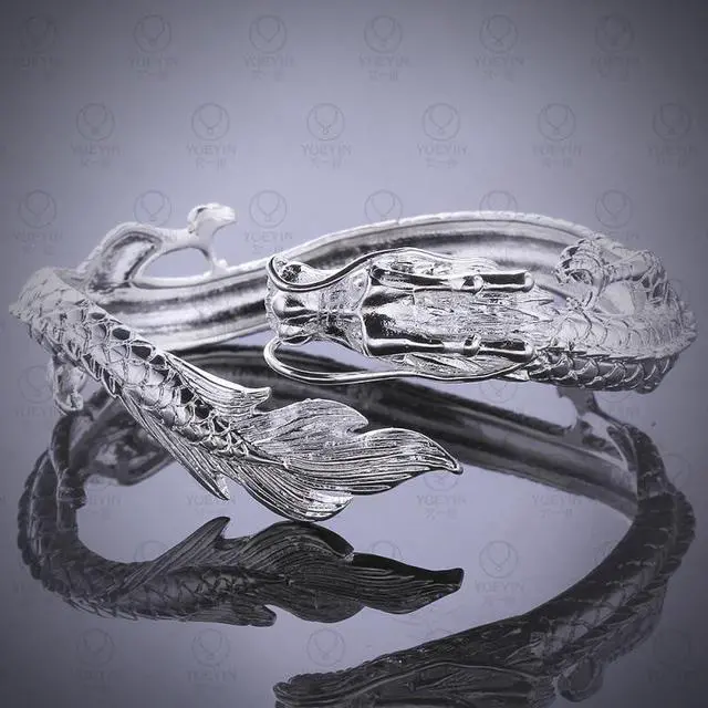 Alt view image 4 of 6 - Fashion Sterling Silver Dragon Phoenix Bracelet, Handmade Carved Dainty Chinese Style Lucky Bangle Bracelets, Vintage Punk Bracelet for Couple, Cocktail Statement Promise Open Bracelet