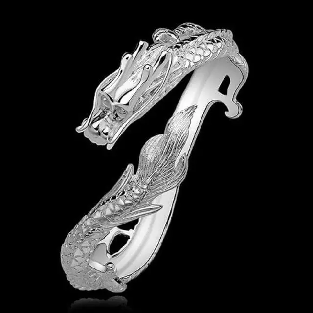 Alt view image 2 of 6 - Fashion Sterling Silver Dragon Phoenix Bracelet, Handmade Carved Dainty Chinese Style Lucky Bangle Bracelets, Vintage Punk Bracelet for Couple, Cocktail Statement Promise Open Bracelet