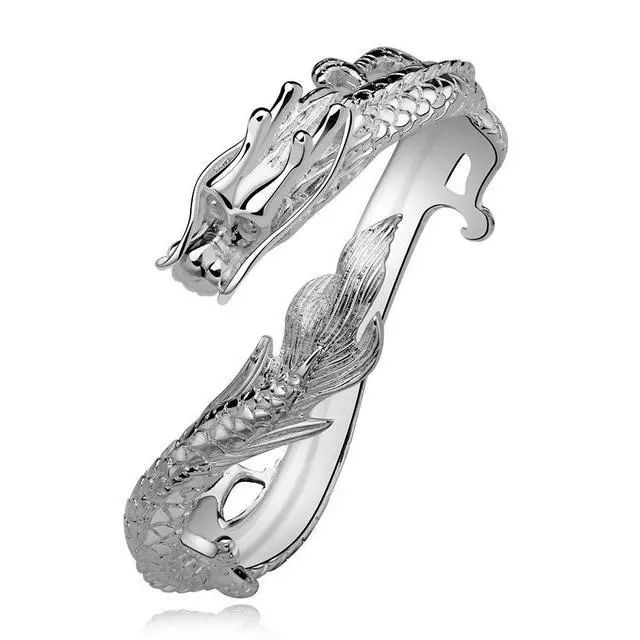 Alt view image 5 of 6 - Fashion Sterling Silver Dragon Phoenix Bracelet, Handmade Carved Dainty Chinese Style Lucky Bangle Bracelets, Vintage Punk Bracelet for Couple, Cocktail Statement Promise Open Bracelet