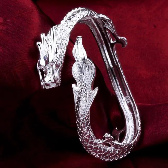 Alt view image 6 of 6 - Fashion Sterling Silver Dragon Phoenix Bracelet, Handmade Carved Dainty Chinese Style Lucky Bangle Bracelets, Vintage Punk Bracelet for Couple, Cocktail Statement Promise Open Bracelet