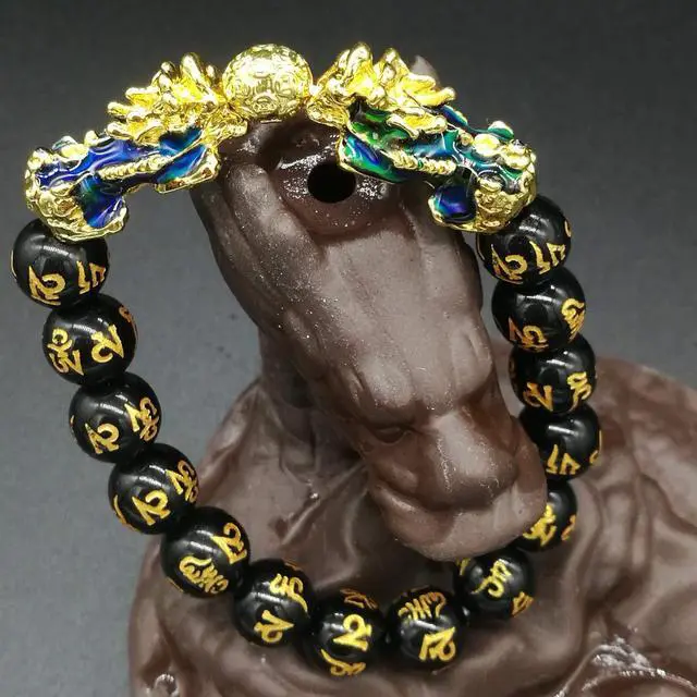 Alt view image 4 of 7 - Feng Shui Black Obsidian Wealth Bracelet Color Changed Pi Xiu Bracelets Dragon Mantra Bead Bangle Attract Wealth and Good Luck for Men/Women(10mm)