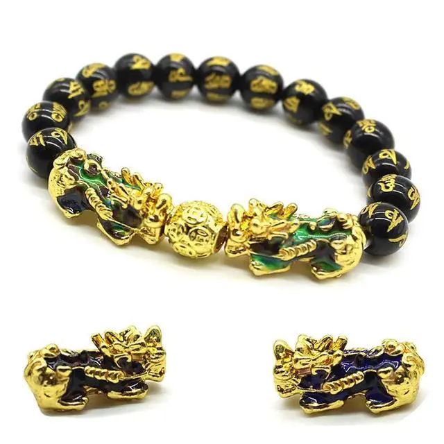 Alt view image 6 of 7 - Feng Shui Black Obsidian Wealth Bracelet Color Changed Pi Xiu Bracelets Dragon Mantra Bead Bangle Attract Wealth and Good Luck for Men/Women(10mm)