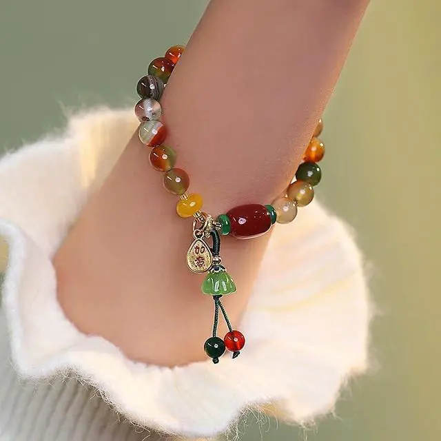 Alt view image 3 of 5 - Multicolored Jade Bead Stretch Bracelet 14K Gold Natural Jade Women's Bracelet Set A-Grade Jade Pendant, Southern Red Agate Natural Jade Stone Bracelet,PeachHandmade Jade Bracelets