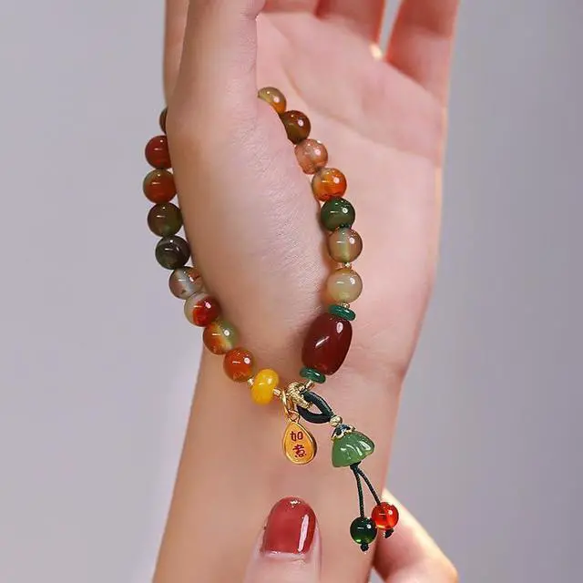 Alt view image 2 of 5 - Multicolored Jade Bead Stretch Bracelet 14K Gold Natural Jade Women's Bracelet Set A-Grade Jade Pendant, Southern Red Agate Natural Jade Stone Bracelet,PeachHandmade Jade Bracelets