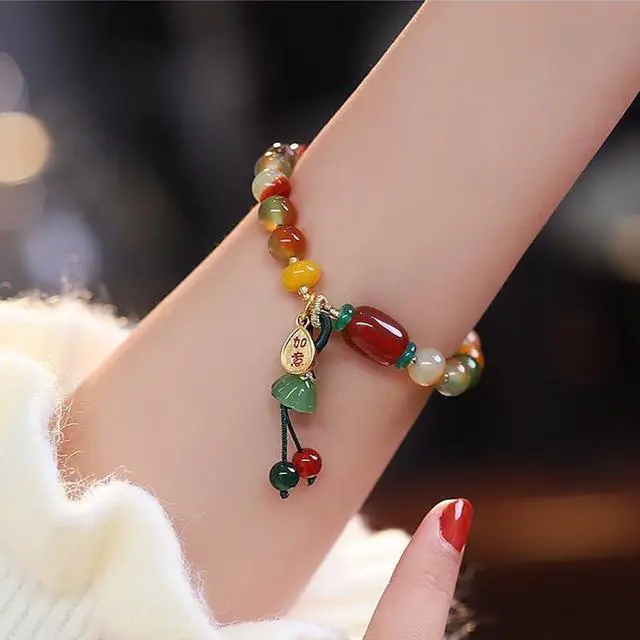 Main image of Multicolored Jade Bead Stretch Bracelet 14K Gold Natural Jade Women's Bracelet Set A-Grade Jade Pendant, Southern Red Agate Natural Jade Stone Bracelet,PeachHandmade Jade Bracelets