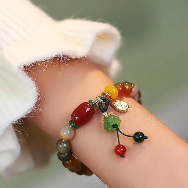 Alt view image 4 of 5 - Multicolored Jade Bead Stretch Bracelet 14K Gold Natural Jade Women's Bracelet Set A-Grade Jade Pendant, Southern Red Agate Natural Jade Stone Bracelet,PeachHandmade Jade Bracelets