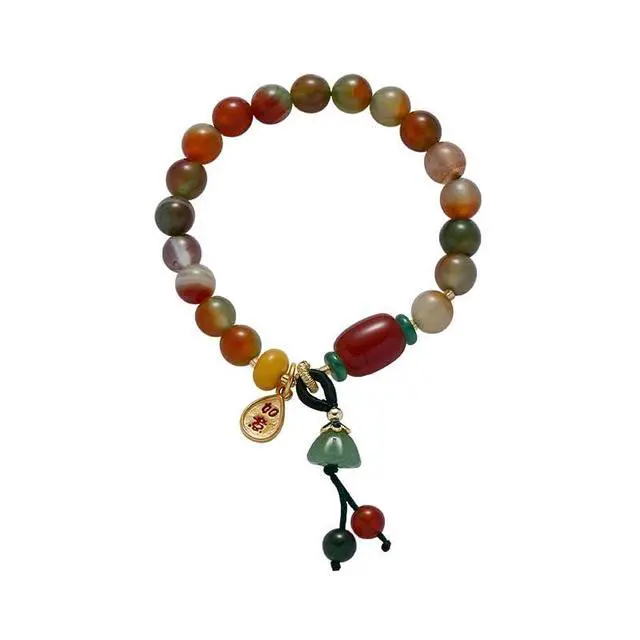 Alt view image 5 of 5 - Multicolored Jade Bead Stretch Bracelet 14K Gold Natural Jade Women's Bracelet Set A-Grade Jade Pendant, Southern Red Agate Natural Jade Stone Bracelet,PeachHandmade Jade Bracelets