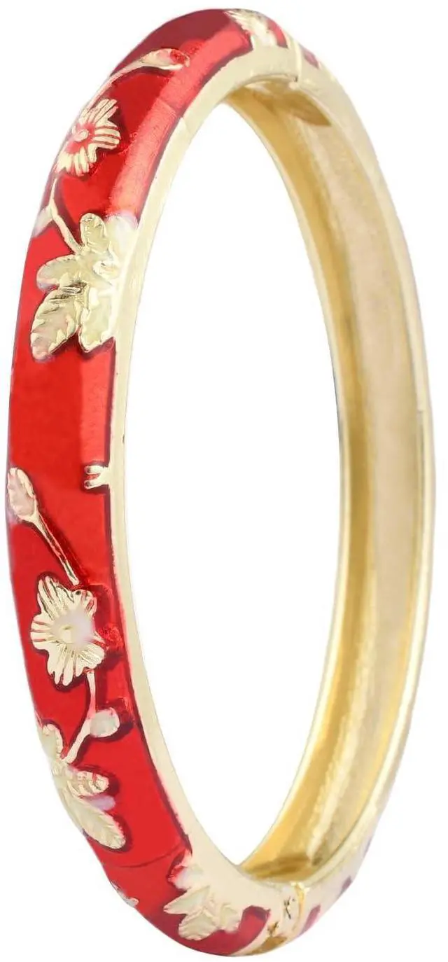 Main image of Flower Bracelet Gold Plated Bangle Vintage For Women Cloisonne Cuff Floral Chinoiserie Elegant Vibrant Ethnic Colorful Charm Summer Best Friend Mom Sister Jewelry Gifts Red Gold