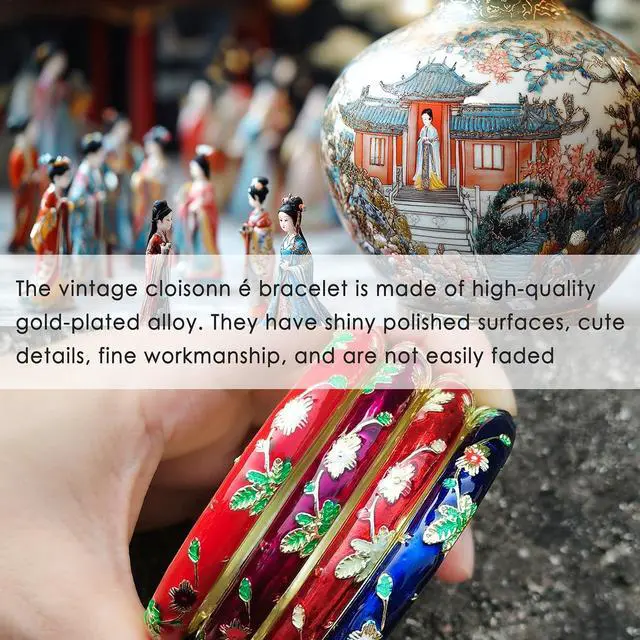 Alt view image 2 of 6 - Flower Bracelet Gold Plated Bangle Vintage For Women Cloisonne Cuff Floral Chinoiserie Elegant Vibrant Ethnic Colorful Charm Summer Best Friend Mom Sister Jewelry Gifts Red Gold
