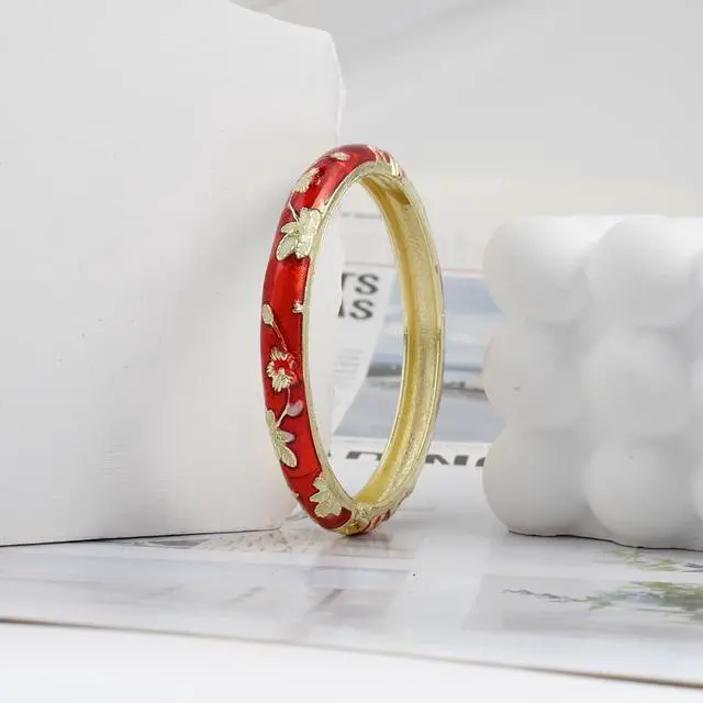 Alt view image 3 of 6 - Flower Bracelet Gold Plated Bangle Vintage For Women Cloisonne Cuff Floral Chinoiserie Elegant Vibrant Ethnic Colorful Charm Summer Best Friend Mom Sister Jewelry Gifts Red Gold