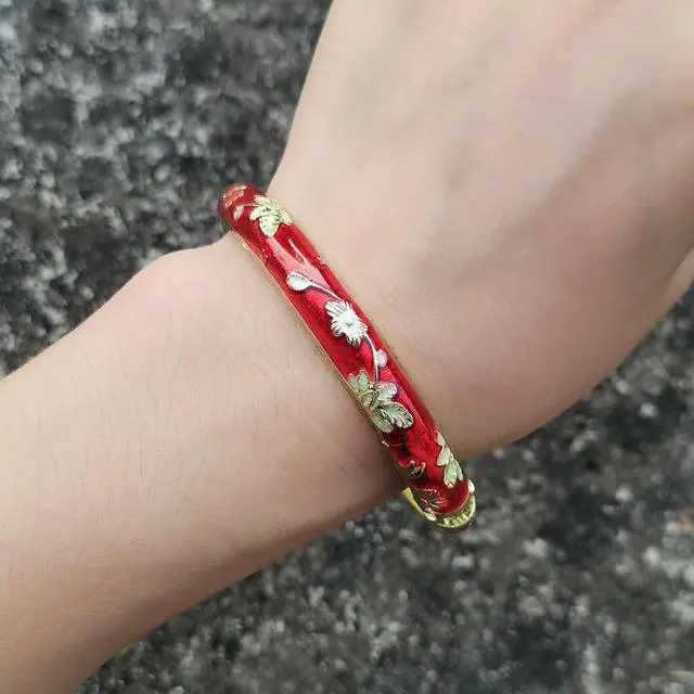 Alt view image 5 of 6 - Flower Bracelet Gold Plated Bangle Vintage For Women Cloisonne Cuff Floral Chinoiserie Elegant Vibrant Ethnic Colorful Charm Summer Best Friend Mom Sister Jewelry Gifts Red Gold