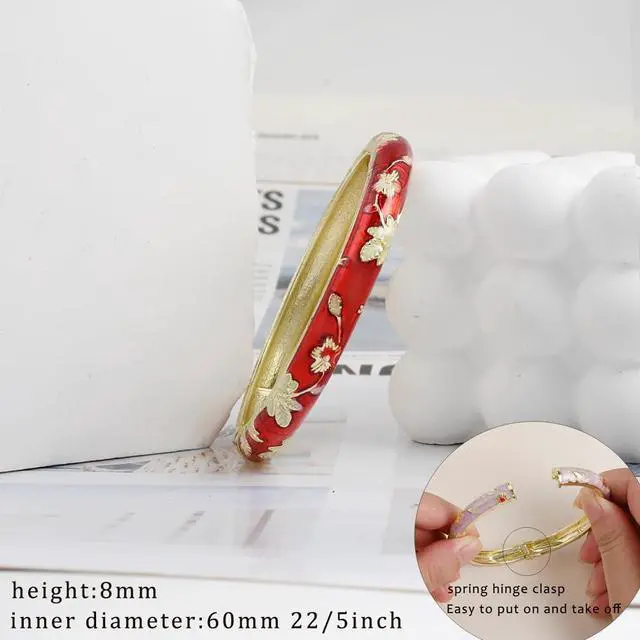Alt view image 4 of 6 - Flower Bracelet Gold Plated Bangle Vintage For Women Cloisonne Cuff Floral Chinoiserie Elegant Vibrant Ethnic Colorful Charm Summer Best Friend Mom Sister Jewelry Gifts Red Gold