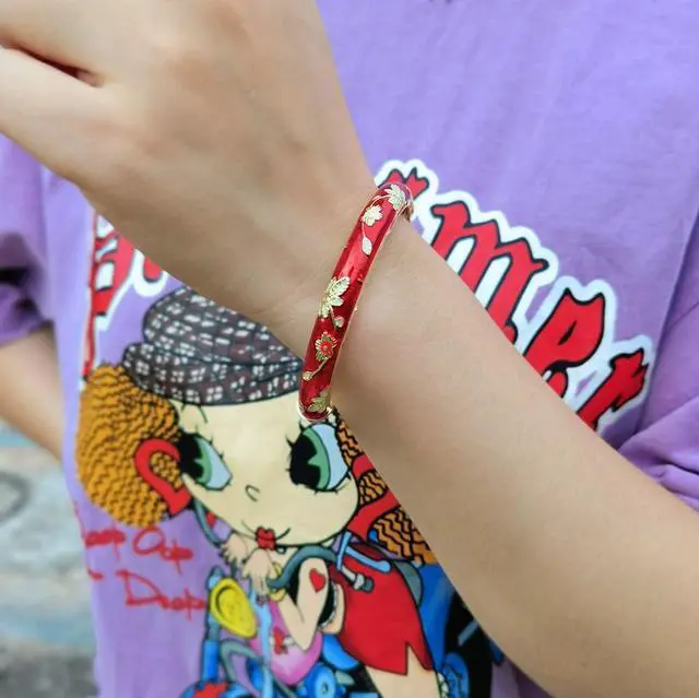 Alt view image 6 of 6 - Flower Bracelet Gold Plated Bangle Vintage For Women Cloisonne Cuff Floral Chinoiserie Elegant Vibrant Ethnic Colorful Charm Summer Best Friend Mom Sister Jewelry Gifts Red Gold