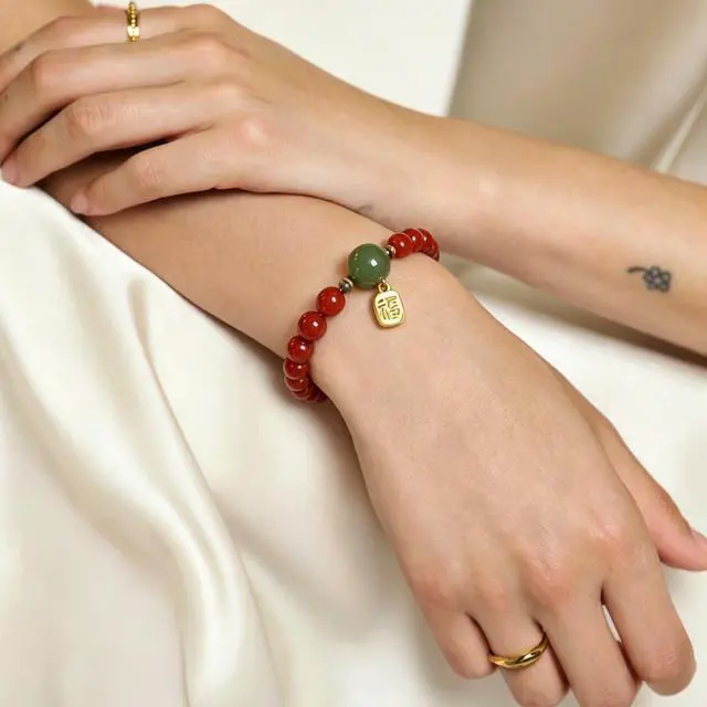 Alt view image 2 of 7 - Natural Southern Red Agate Single-Circle Carnelian Bracelet with Hetianyu Accent & "Good Fortune" Gilded Pendant, Chinese-Style Auspicious Jewelry for Courage and Vitality