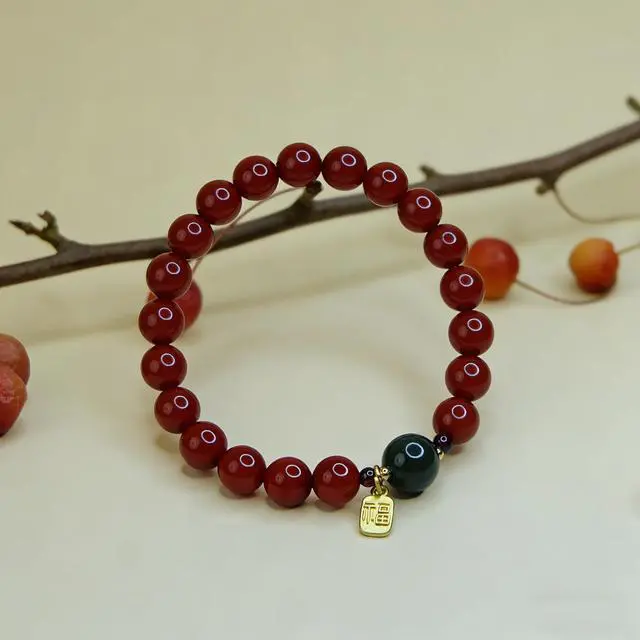 Alt view image 5 of 7 - Natural Southern Red Agate Single-Circle Carnelian Bracelet with Hetianyu Accent & "Good Fortune" Gilded Pendant, Chinese-Style Auspicious Jewelry for Courage and Vitality