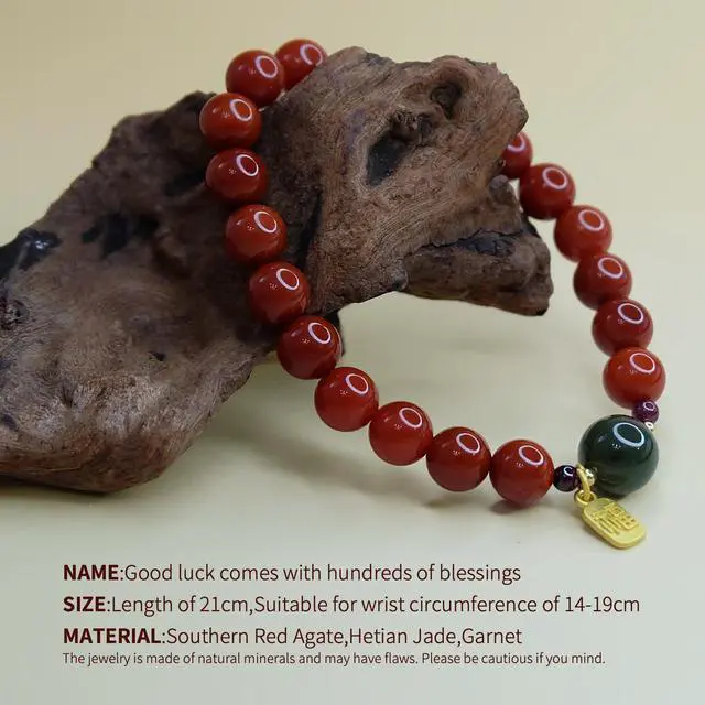 Alt view image 6 of 7 - Natural Southern Red Agate Single-Circle Carnelian Bracelet with Hetianyu Accent & "Good Fortune" Gilded Pendant, Chinese-Style Auspicious Jewelry for Courage and Vitality