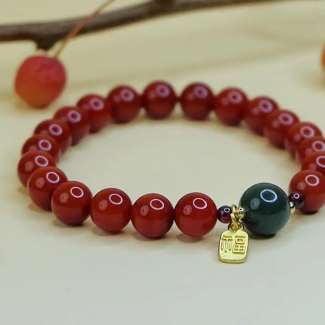 Alt view image 7 of 7 - Natural Southern Red Agate Single-Circle Carnelian Bracelet with Hetianyu Accent & "Good Fortune" Gilded Pendant, Chinese-Style Auspicious Jewelry for Courage and Vitality