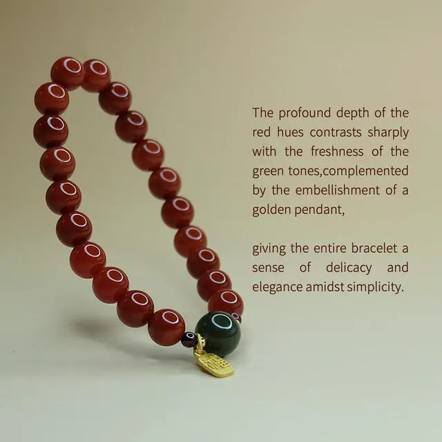 Alt view image 3 of 7 - Natural Southern Red Agate Single-Circle Carnelian Bracelet with Hetianyu Accent & "Good Fortune" Gilded Pendant, Chinese-Style Auspicious Jewelry for Courage and Vitality