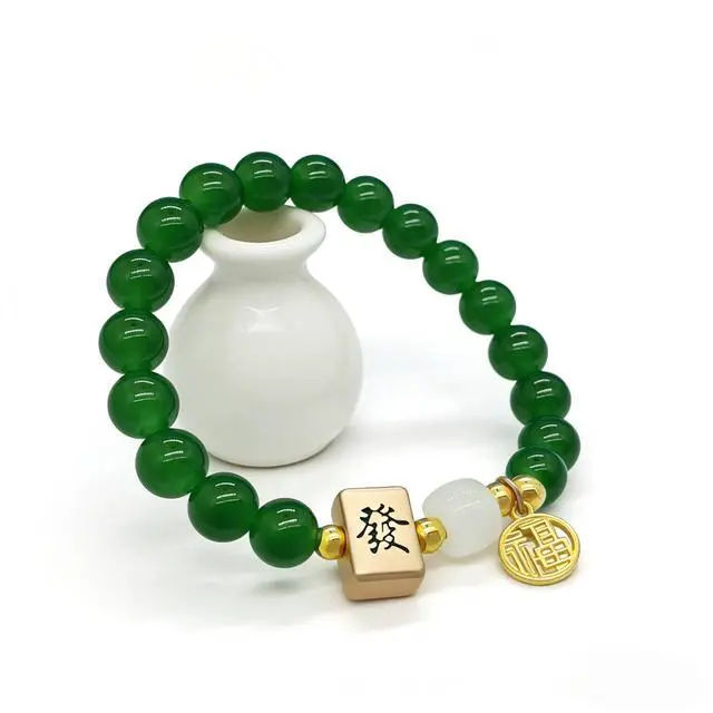 Alt view image 3 of 7 - Chinese Mahjong Bracelet for Women, Beaded Fa Fortune Charm Good Luck Stretchy Wealth Jewelry (Red+Green)