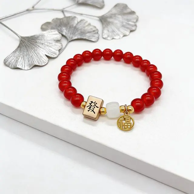 Alt view image 4 of 7 - Chinese Mahjong Bracelet for Women, Beaded Fa Fortune Charm Good Luck Stretchy Wealth Jewelry (Red+Green)
