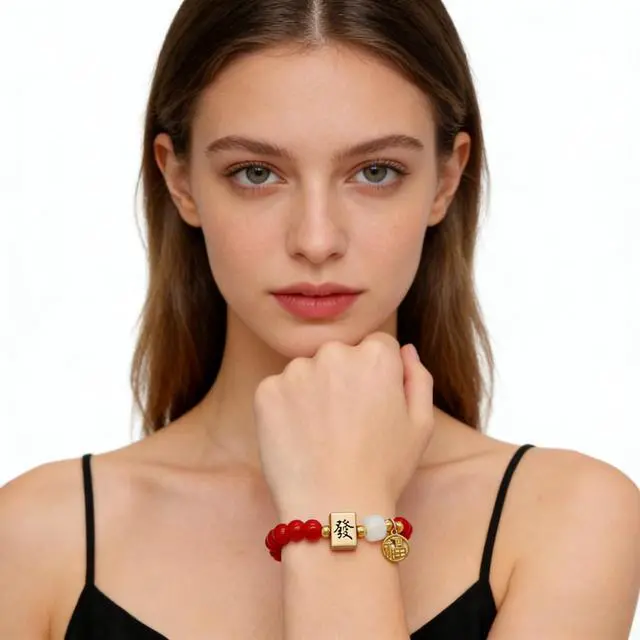 Alt view image 7 of 7 - Chinese Mahjong Bracelet for Women, Beaded Fa Fortune Charm Good Luck Stretchy Wealth Jewelry (Red+Green)