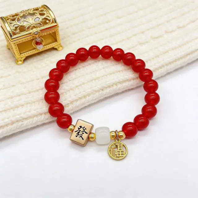 Alt view image 2 of 7 - Chinese Mahjong Bracelet for Women, Beaded Fa Fortune Charm Good Luck Stretchy Wealth Jewelry (Red+Green)