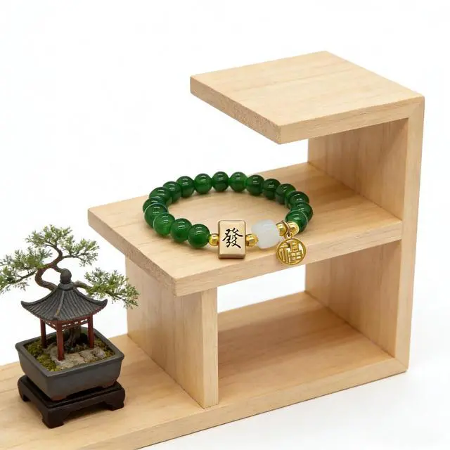 Alt view image 5 of 7 - Chinese Mahjong Bracelet for Women, Beaded Fa Fortune Charm Good Luck Stretchy Wealth Jewelry (Red+Green)