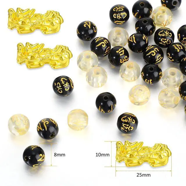 Alt view image 2 of 6 - 210 Pcs 2026 Feng Shui Beads Pi Xiu Brass Charm Strands Beads Chinese Golden Pixiu Charms Resin Lucky Round Loose Obsidian Jewelry for Wealth Amulet Fortune Bracelet Making(Black, Transparent)