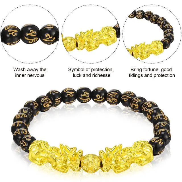 Alt view image 4 of 6 - 210 Pcs 2026 Feng Shui Beads Pi Xiu Brass Charm Strands Beads Chinese Golden Pixiu Charms Resin Lucky Round Loose Obsidian Jewelry for Wealth Amulet Fortune Bracelet Making(Black, Transparent)