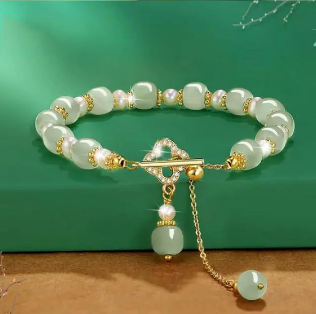 Alt view image 2 of 6 - Hotan Jade Pearl Bracelet Four leaf Grass Drill Button Design Oriental Poetic Light Luxury WristbandBanquet/Christmas Gift (Pearl Clover)