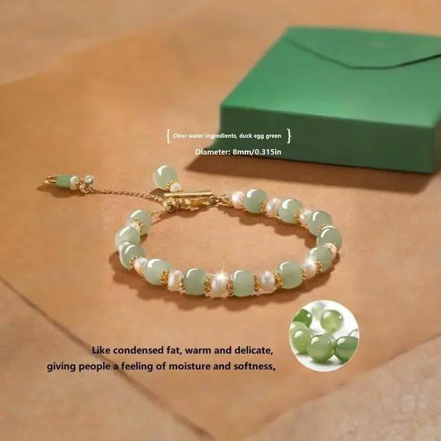 Alt view image 3 of 6 - Hotan Jade Pearl Bracelet Four leaf Grass Drill Button Design Oriental Poetic Light Luxury WristbandBanquet/Christmas Gift (Pearl Clover)