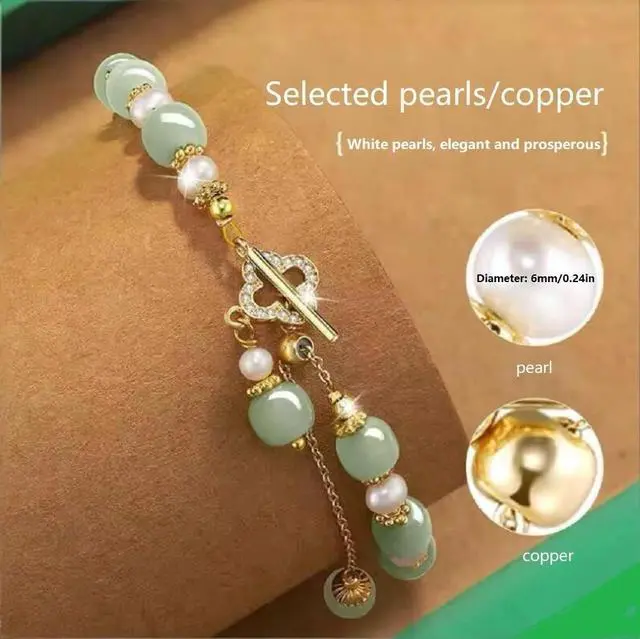 Alt view image 4 of 6 - Hotan Jade Pearl Bracelet Four leaf Grass Drill Button Design Oriental Poetic Light Luxury WristbandBanquet/Christmas Gift (Pearl Clover)