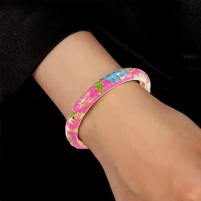 Alt view image 2 of 7 - Cloisonne Style Bangles for Women 2 Pcs Blue Enamel Bangle Bracelets Chinese Floral Gold Color Hinged Jewelry Gift for Mom Wife Sister
