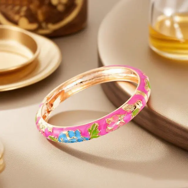 Alt view image 3 of 7 - Cloisonne Style Bangles for Women 2 Pcs Blue Enamel Bangle Bracelets Chinese Floral Gold Color Hinged Jewelry Gift for Mom Wife Sister