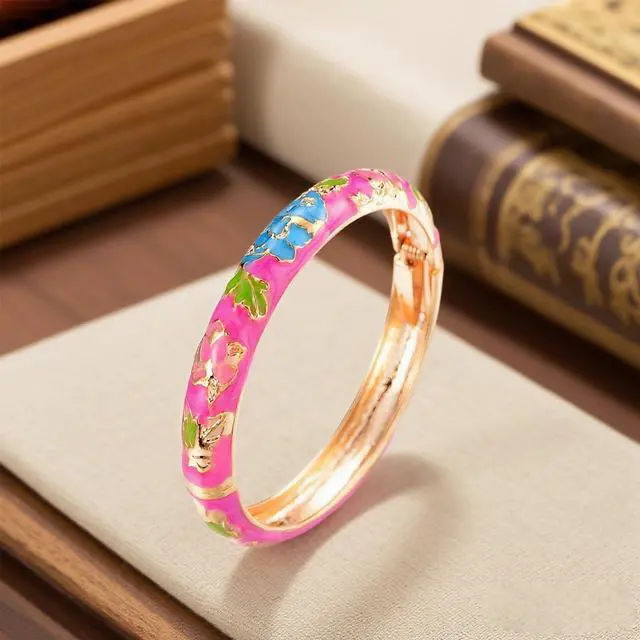 Alt view image 4 of 7 - Cloisonne Style Bangles for Women 2 Pcs Blue Enamel Bangle Bracelets Chinese Floral Gold Color Hinged Jewelry Gift for Mom Wife Sister