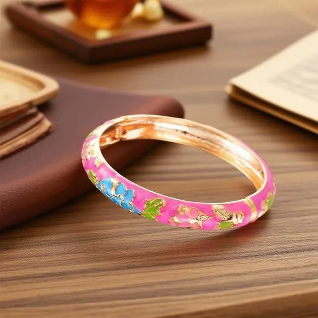 Alt view image 5 of 7 - Cloisonne Style Bangles for Women 2 Pcs Blue Enamel Bangle Bracelets Chinese Floral Gold Color Hinged Jewelry Gift for Mom Wife Sister