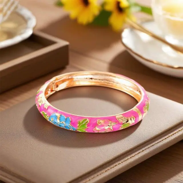 Alt view image 7 of 7 - Cloisonne Style Bangles for Women 2 Pcs Blue Enamel Bangle Bracelets Chinese Floral Gold Color Hinged Jewelry Gift for Mom Wife Sister