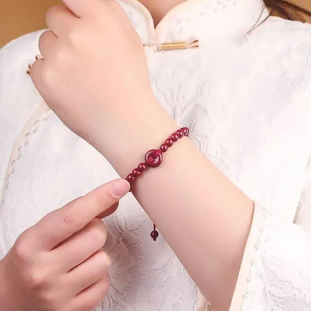 Alt view image 3 of 7 - 6mm/8MM Round Bead Red Cinnabar & Purple Sand Pendant Bracelet, Feng Shui Protection Bracelet, Handmade Red String, Vintage Chinese Style, Lucky Gift for Men & Women8mm